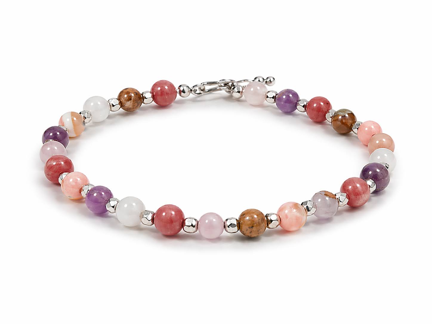 Gemora Harmonia III – Pink Opal, Rhodochrosite & Agate Bracelet with 925 Sterling Silver